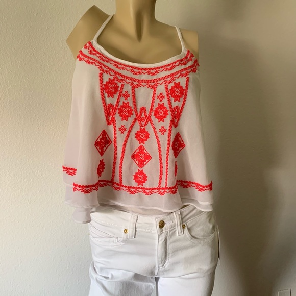 Ecote flowy Aztec embroidered chiffon top S - Picture 2 of 14